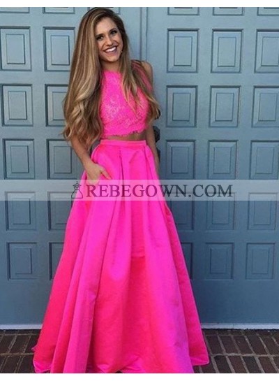 2023 Glamorous Pink Round Neck Sleeveless Lace Two Piece Prom Dresses