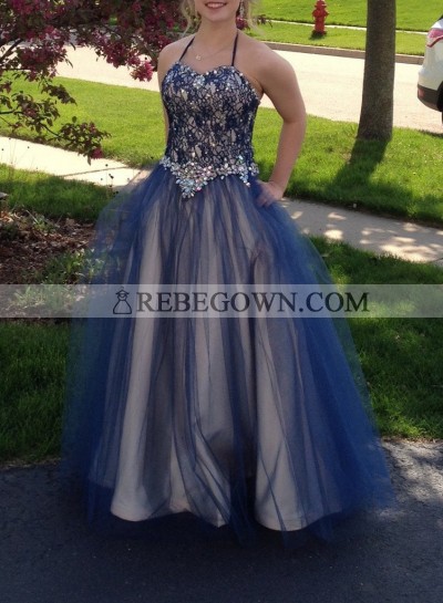 rebe gown 2023 Blue Beading Halter Ball Gown Tulle Prom Dresses