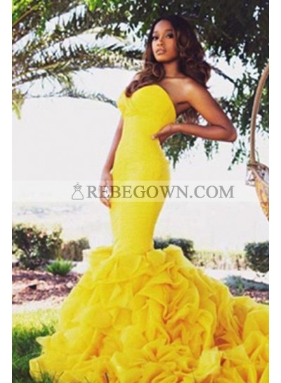 Sweetheart Sleeveless Natural Sweep Train Yellow Mermaid Prom Dresses