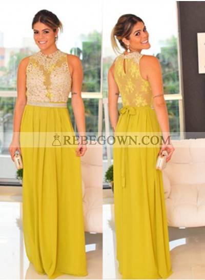 Yellow Sleeveless Natural Appliques Long Floor length A-Line Chiffon Prom Dresses