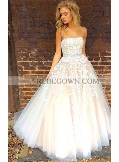 2023 Cheap Princess/A-Line Tulle Strapless Champagne Prom Dresses
