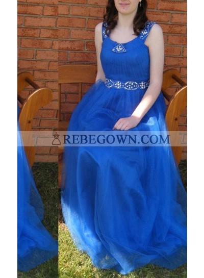 rebe gown 2023 Blue Straps Natural A-Line Beading Tulle Prom Dresses