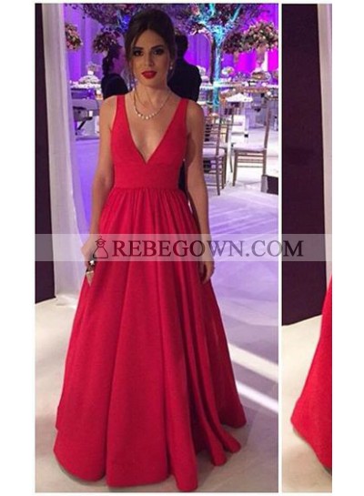 Red V-neck Satin Backless Prom Dresses