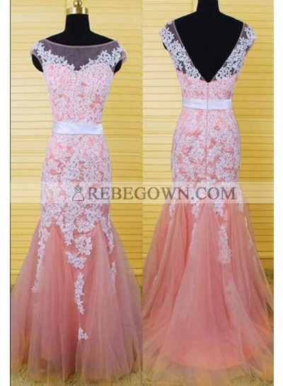 Appliques Bateau Neck Mermaid Tulle 2023 Glamorous Pink Prom Dresses