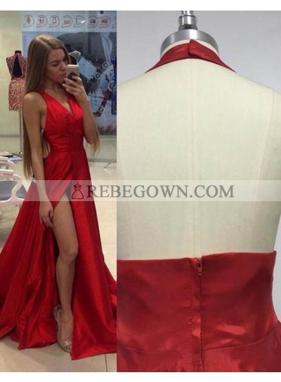 2023 Gorgeous Red Halter High-Slit A-Line Satin Prom Dresses