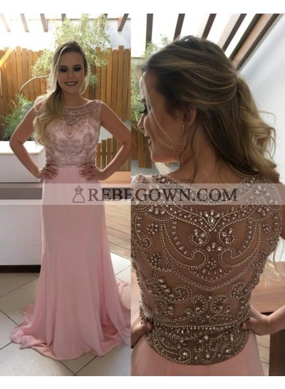Beading Jewel Neck A-Line Chiffon 2023 Glamorous Pink Prom Dresses