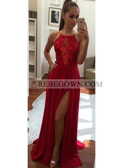 2023 Siren Side Slit Chiffon Red Prom Dresses