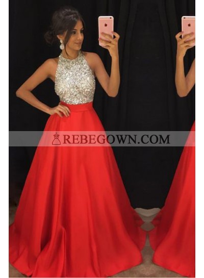 New Arrival Princess/A-Line Red Beaded Satin Prom Dresses