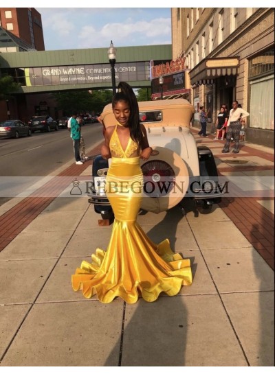 2023 Gorgeous Gold V-neck Mermaid  Prom Dresses