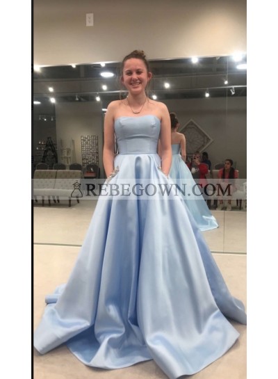 2023 Blue Ball Gown Strapless Prom Dresses