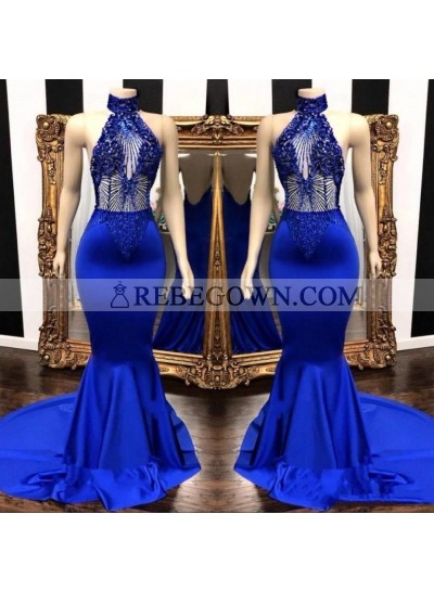 2023 High Neck Beaded Mermaid  Royal Blue Prom Dresses