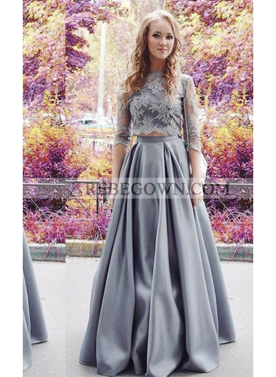 Appliques A-Line Stretch Satin Two Pieces Silver Prom Dresses