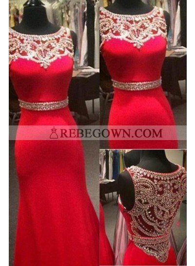 2023 Gorgeous Red Beading Jewel Neck Mermaid Satin Prom Dresses