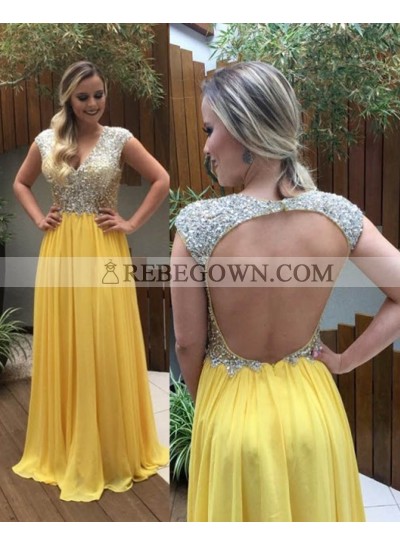 Beading Backless V-line Yellow Aline Chiffon Prom Dresses