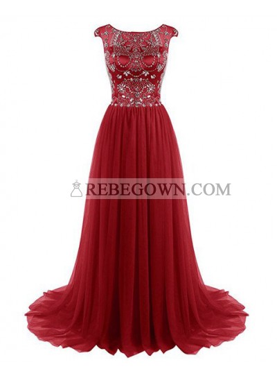 2023 Gorgeous Red Crystal Capped Sleeves Sweep Train Chiffon Prom Dresses