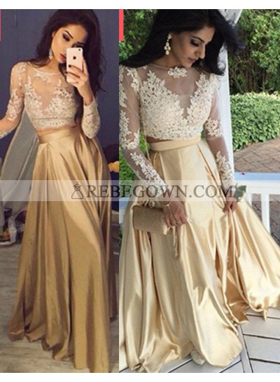Long Sleeve Appliques Two Pieces A-Line Satin Prom Dresses