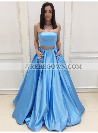 New Arrival Princess/A-Line Blue Two Pieces Satin Prom Dresses