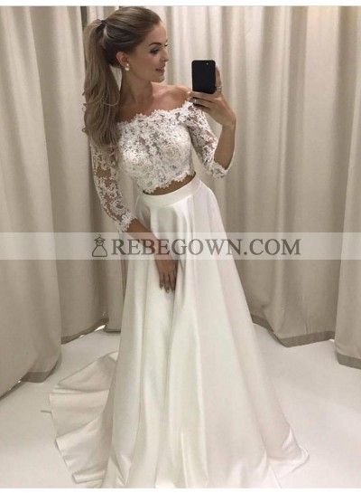 2023 Elegant Princess/A-Line White Long Sleeves Two Pieces Off The Shoulder Prom Dresses