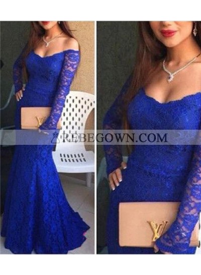rebe gown 2023 Blue Off-the-Shoulder Mermaid Lace Prom Dresses