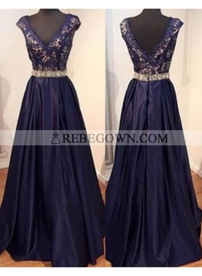 rebe gown 2023 Blue Beading Appliques Long Floor length A-Line Satin Prom Dresses