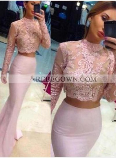 Beading Appliques Stretch Satin Two Pieces 2023 Glamorous Pink Long Sleeve Prom Dresses