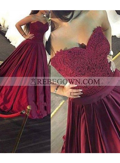 Burgundy Pleated Sweetheart A-Line Lace Prom Dresses