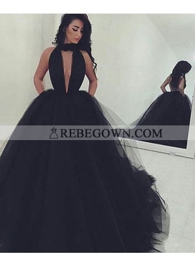 2023 Junoesque Black Gorgeous Deep V-Neck Ball Gown Tulle Prom Dresses