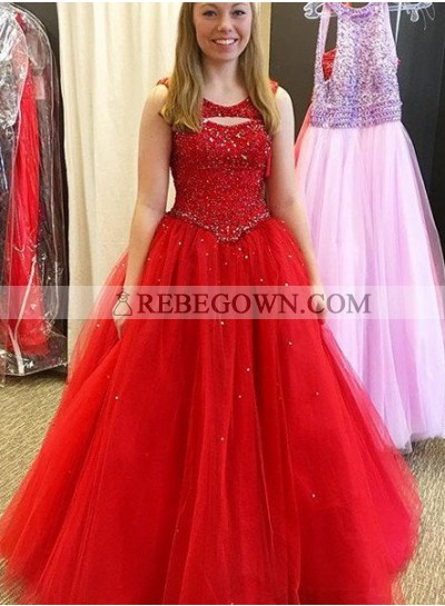 2023 Gorgeous Red Prom Dresses Round Neck Beading Tulle