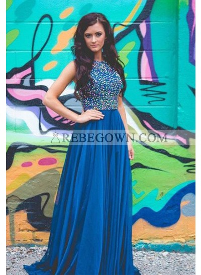rebe gown 2023 Blue Beading A-Line Chiffon Prom Dresses