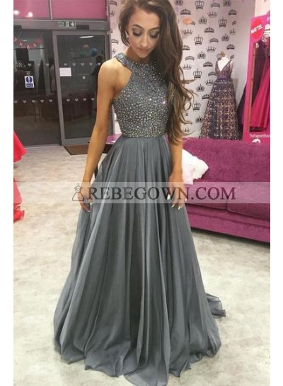 2023 Cheap Chiffon Princess/A-Line Beaded Silver Prom Dresses