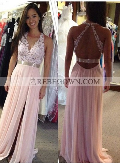 Halter Backless Appliques Split Front A-Line Chiffon Prom Dresses