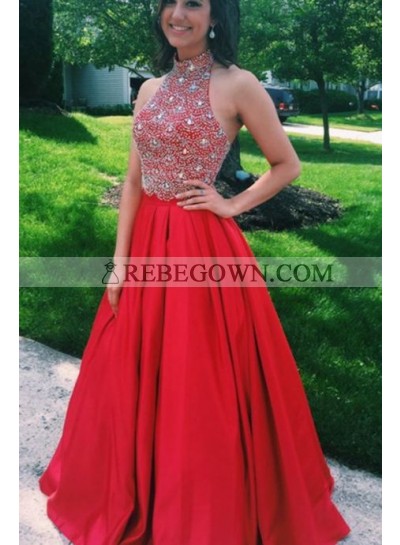 New Arrival Princess/A-Line Satin Red Beaded Prom Dresses