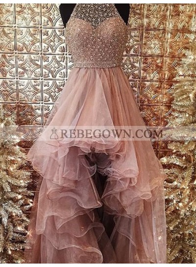 2023 Glamorous Pink Beading Layers Asymmetrical Tulle Prom Dresses