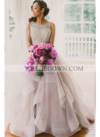 2023 A-Line Dusty Rose Layers Scoop Neck Prom Dresses