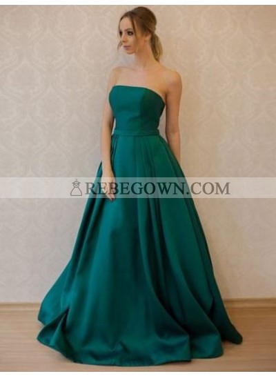 Simple Princess/A-Line Satin Strapless Teal Long Prom Dresses