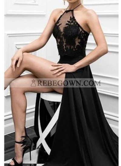 2023 Sexy Black Princess/A-Line Side Slit Prom Dresses