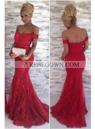 2023 Gorgeous Red Off-the-Shoulder Appliques Mermaid Tulle Prom Dresses