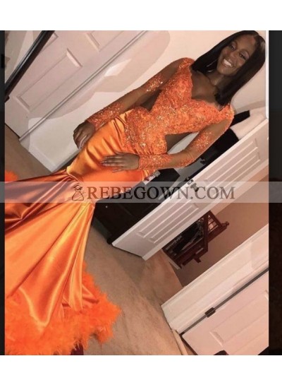 2023 Sexy Long Sleeve V-neck Satin Mermaid  Prom Dresses