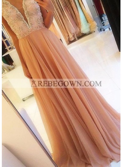 Beading Backless A-Line Chiffon Prom Dresses Champagne