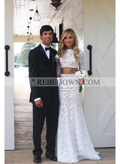 2023 Unique White Long Sleeve Mermaid Lace Two Pieces Prom Dresses