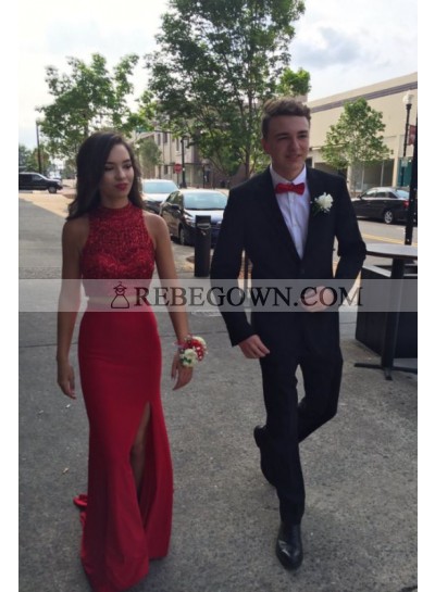 Red Column/Sheath Two Pieces Side Slit Prom Dresses