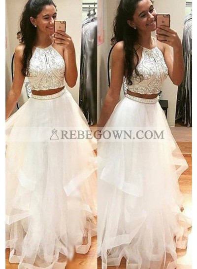 2023 Unique White Beading A-Line Tulle Two Pieces Prom Dresses