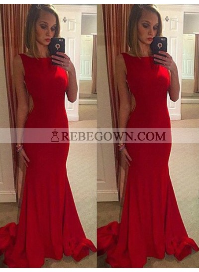 2023 Gorgeous Red Chapel Train Mermaid Stretch Satin Prom Dresses