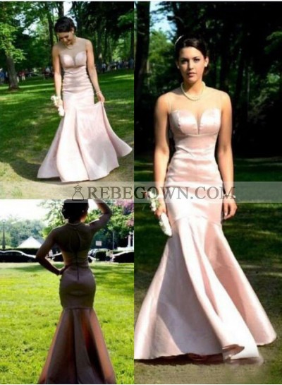 2023 Glamorous Pink Sheer Neck Mermaid Satin Prom Dresses
