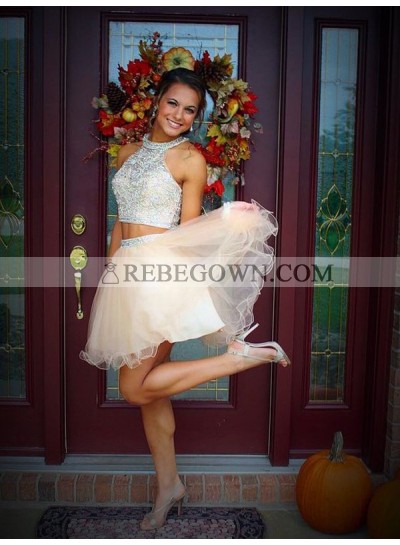 A-Line Princess Scoop Beading Sleeveless Short Tulle Two Piece Homecoming Dresses