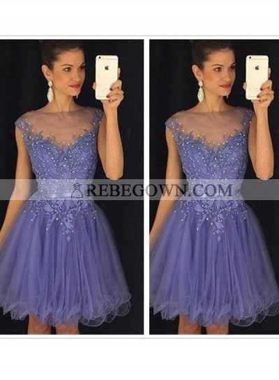 A-Line Princess Sleeveless Scoop Applique Tulle Short Homecoming Dresses