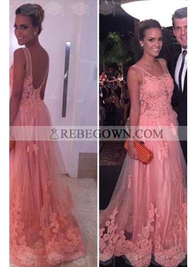 A-Line Pink 2023 Tulle With Appliques Prom Dresses