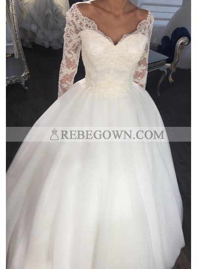 Satin Long Sleeves Sweetheart Ivory 2023 Ball Gown Wedding Dresses