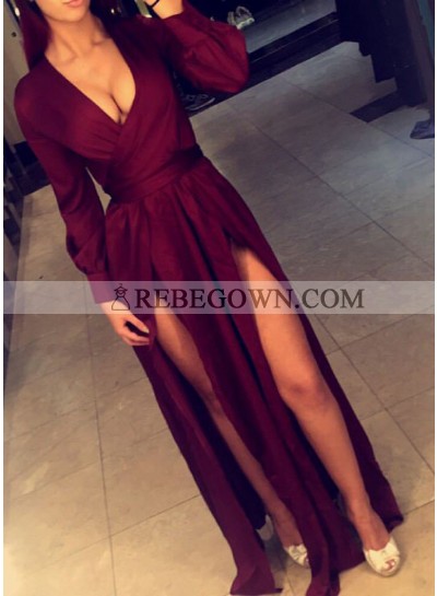 Sexy Burgundy Side Slit A-Line 2023 Long Sleeves Prom Dresses