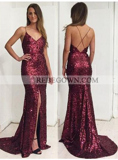 Sexy Sequence Side Slit Backless 2023 Prom Dresses
